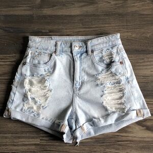 American Eagle Mom Shorts Stretch High Rise Distressed Light Wash